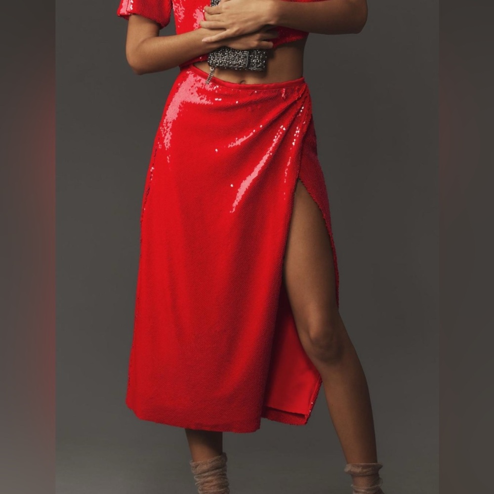 LE SUPERBE Jolie Sequin Midi Skirt in Red NWT